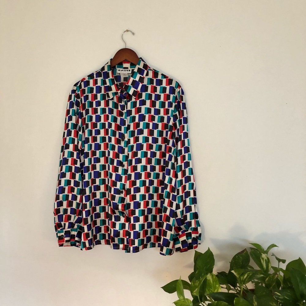 VINTAGE 80s Silky Printed Button-Up Blouse